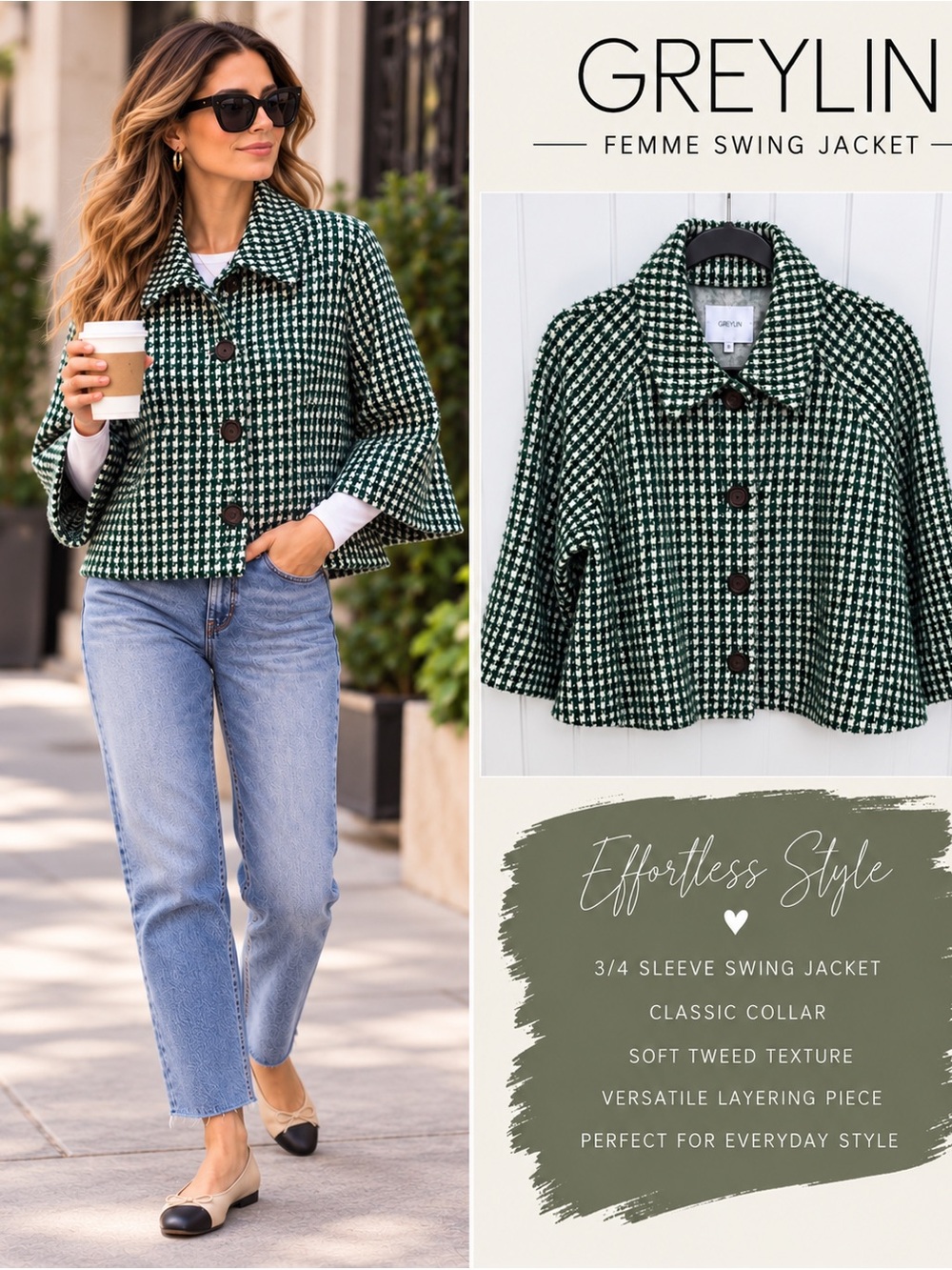 GREYLIN Femme Swing Jacket | Green & Cream Houndstooth | Size L